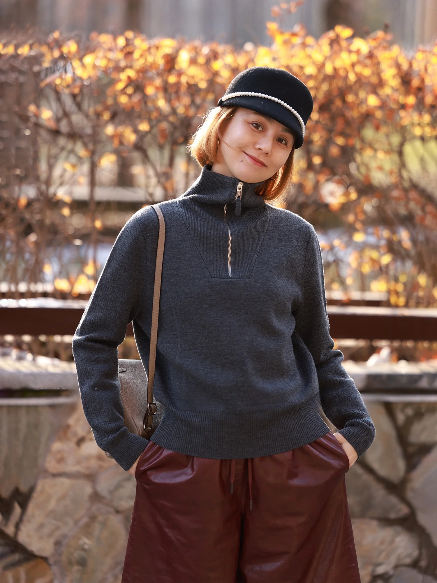 

WinnieTang High Ne Knitted Sweater 560g Reconstructed Australian Wool Casual Sle Zipper Closure Versatile Autumn Winter Top