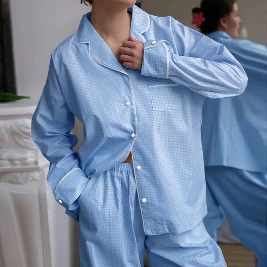 2025 Spring New Pink Plaid Pajamas Two-piece Set Loose Long Sleeve Pants Ladies Home Clothes Sleepwear Women