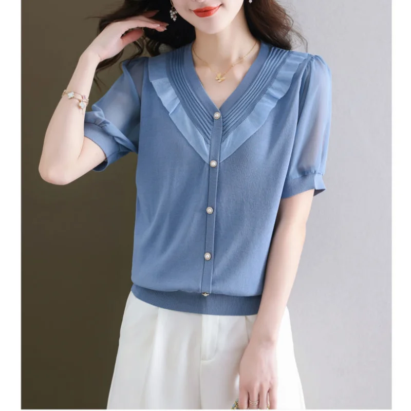 Fashion Ice Silk Short Sleeved T-shirt Women Summer Auricularia Auricula V-Neck Button Loose Age Reducing Korean Yarn Sleeve Top