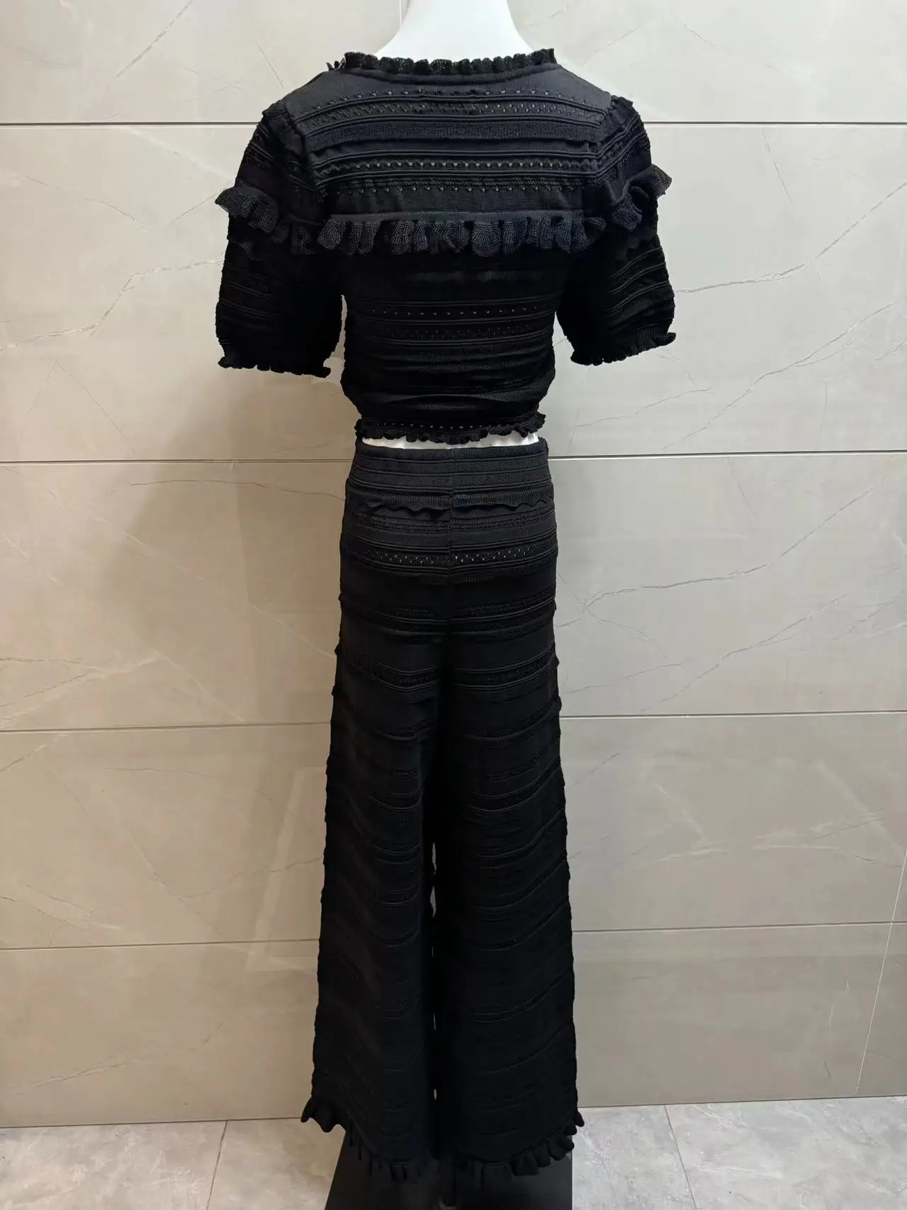 2024 Summer Temperament Wave Texture Knit  2 Piece Set Women Black Slim Short Top +High Waist Long Pants Suit