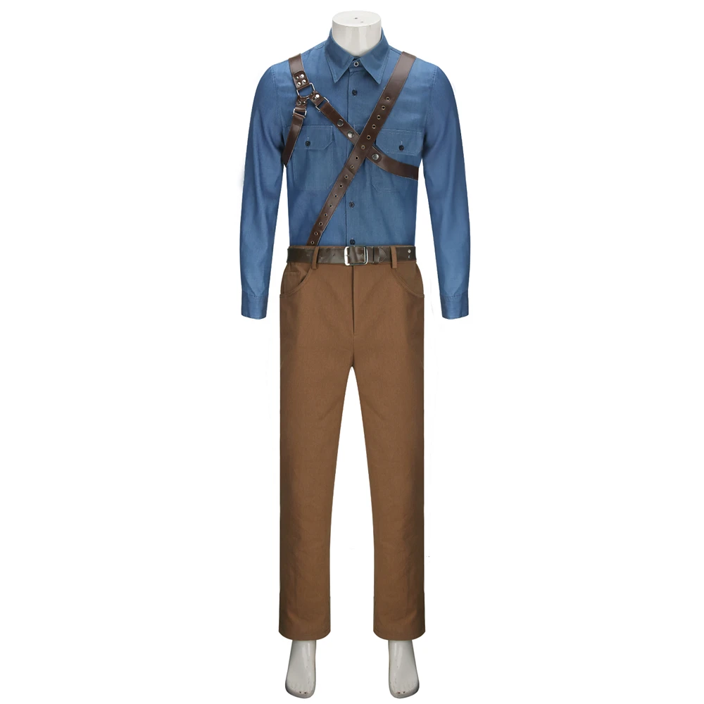 Ash Costume The Evil Dead Full Set Shirt Pants Braces Suit Halloween Cosplay Costume for Adult Men