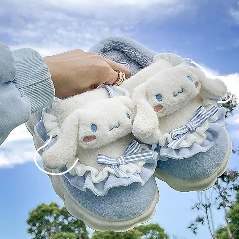 Sanrio Hello Kitty Home Fuzzy Slipper Cartoon Kuromi Cinnamoroll  Yk2 Women Winter Plush Non Slip Slippers girl Cute Flat Shoes