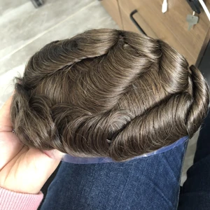 100 % insan saçı erkek peruk doğal saç çizgisi ile, tam cilt pu deri dayanıklı ince 0.1 mm erkek insan sürücü yerine protez saç Erkek-insan peruğunun ilk 10 satışı-no. 9