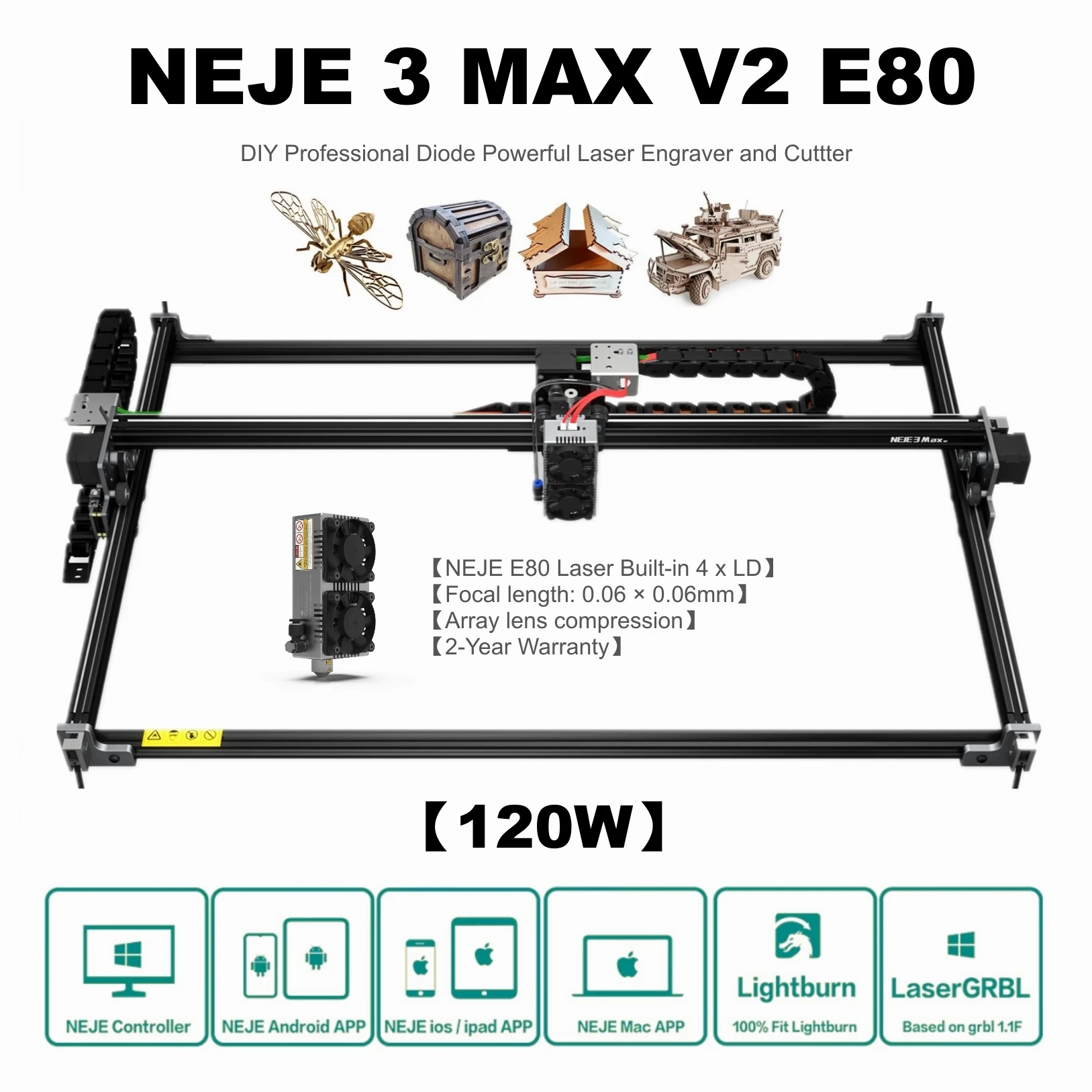 NEJE 3 Max V2 E80 120W DIY Professional Diode Powerful CNC Laser Engraver Wood Cuttter Metal Cutting Engraving Tools