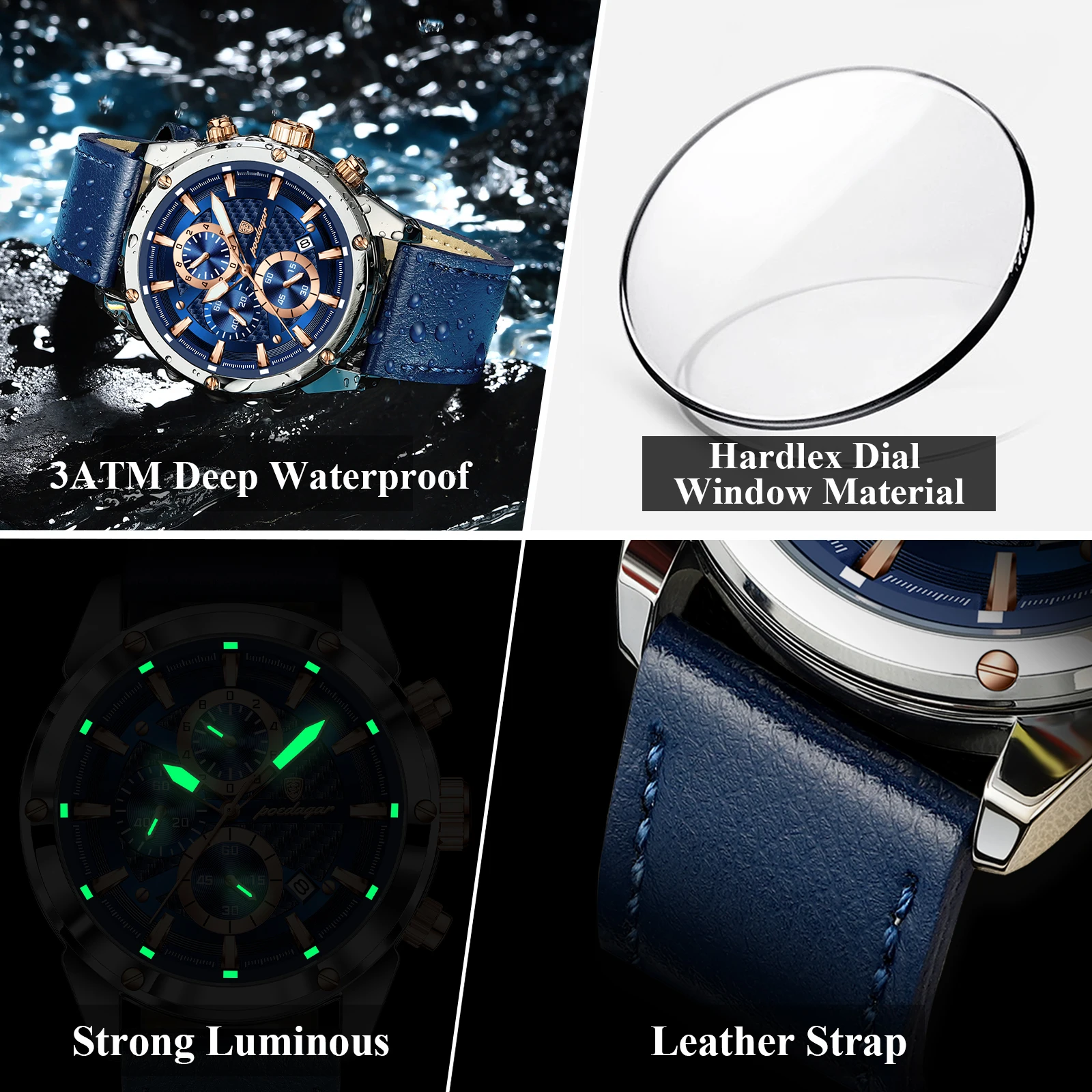 Poedagar casual moda masculina relógios à prova dwaterproof água pulseira de couro relógio de pulso à prova dwaterproof água luminosa cronógrafo data relógio para homem