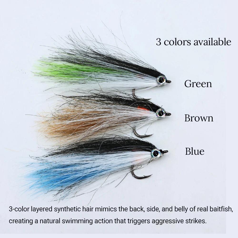 ICERIO 4er-Set Köderfisch-Streamer-Fliegen mit UV-Leuchtpunkt, 3-farbige Kunsthaar-Minnow-Köder für Barsch, Hecht, Forelle, Süß- und Salzwasserfischen – Detail 3