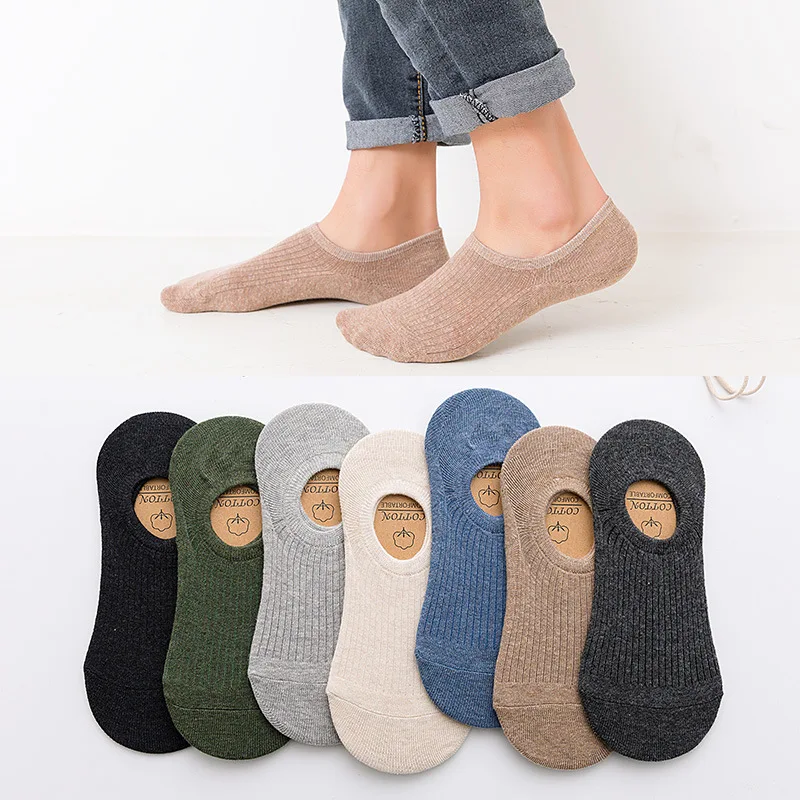 2Pairs Summer Solid Color Men Invisible Socks Shallow Mouth Breathable Ankle Sock Silicone Non-Slip Low Cut Cotton Boat Sock