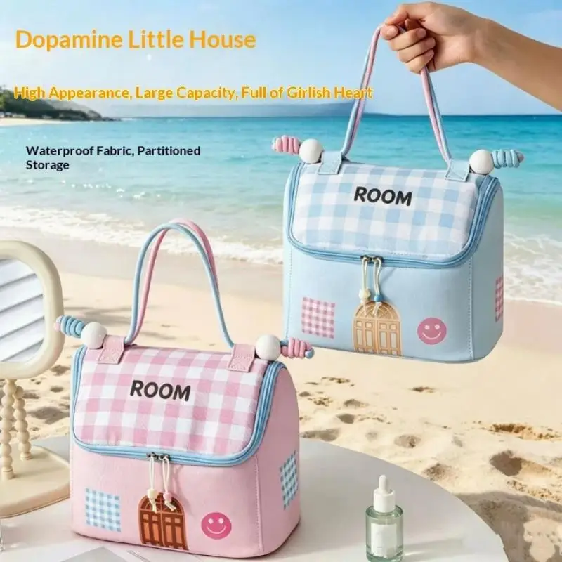 Große Kapazität, wasserdicht, Dopamin, niedliche kleine Kosmetiktasche in Hausform, tragbare Aufbewahrungstasche, Bento-Lunchbox-Tasche, Kulturbeutel – Detail 4