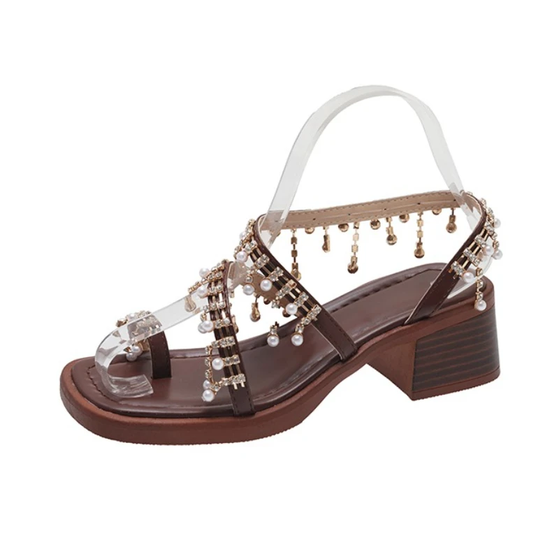 

Женские сандалии на среднем каблуке, туфли с бахромой и кристаллами, дизайнерские роскошные туфли-лодочки, летние шлепанцы с застежкой на носок, новые тенденции 2025, модельные сандалии