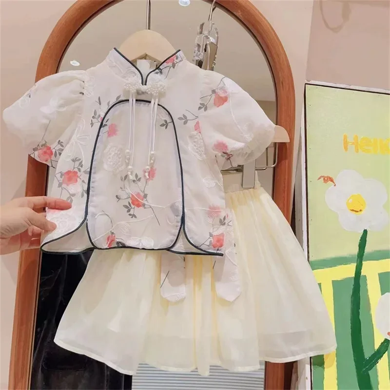 Girls Suits Summer Retro Girls Shirts+Skirt Princess Kids Clothing Sets Birthday Party Children Clothes Two Piece Set 2-7Yrs