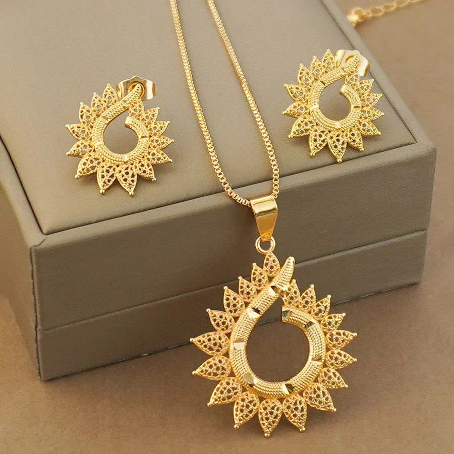 Ethiopian Jewelry Copper Gold Plated Set Serrated Flower Pendant Necklace Earrings Gold Color Africa Eritrea Wedding