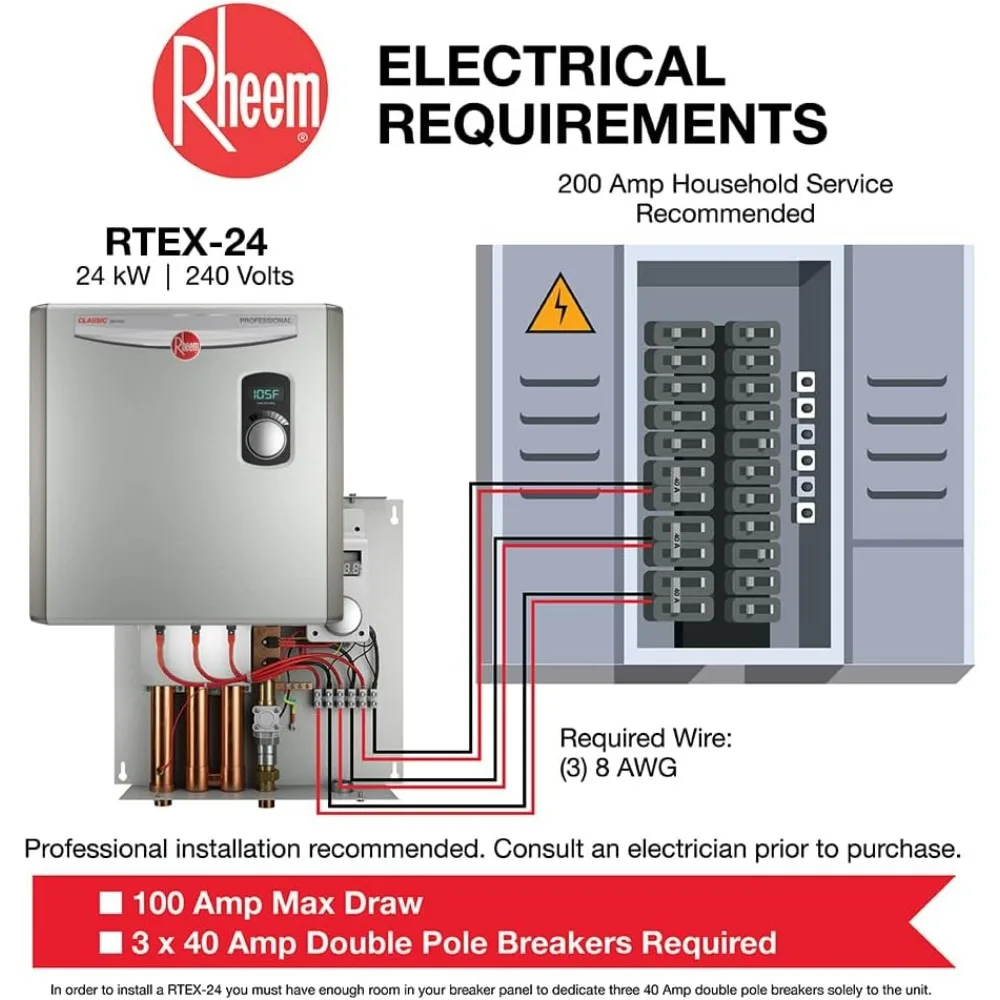 RTEX-24 전기 탱크리스 온수기, 회색, 24kW, 240V