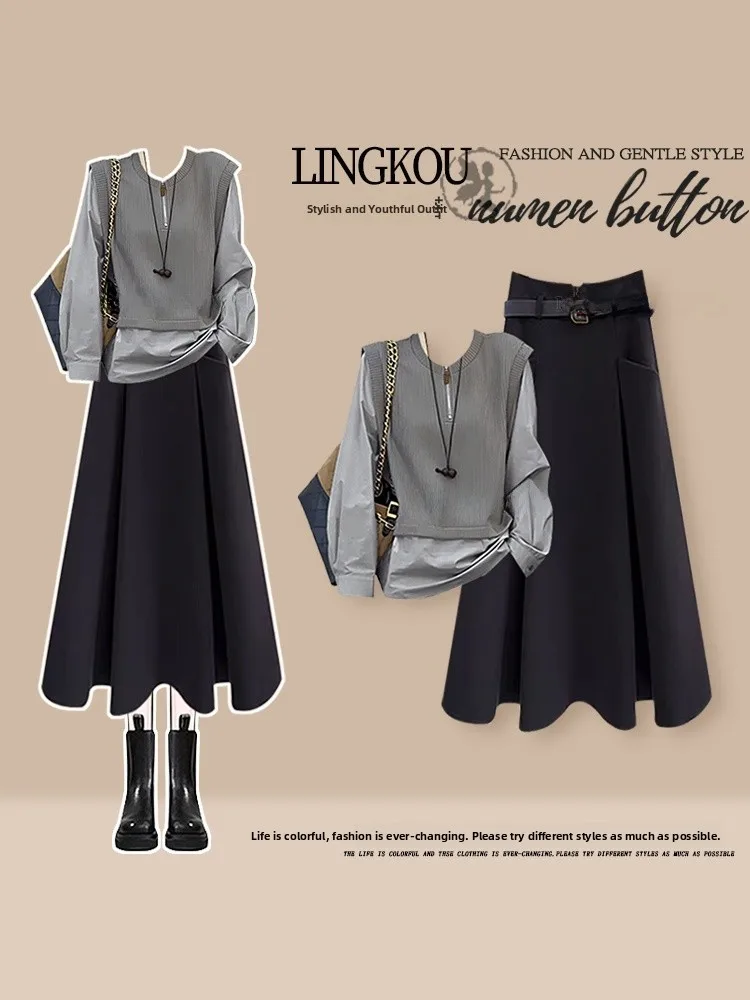 

Комплект: вязаный топ больших размеров для осени и облегающая юбка миди. Женский корейский модный комплект с длинными рукавами средней толщины.