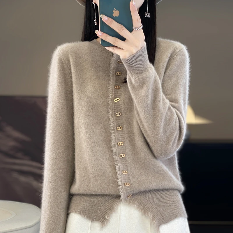 100% Wool Cardigan Womens Clothing O-neck Sweater Tassels Female Long Sleeve Tops Knitted Korean Fashion Warm New In Outerwear