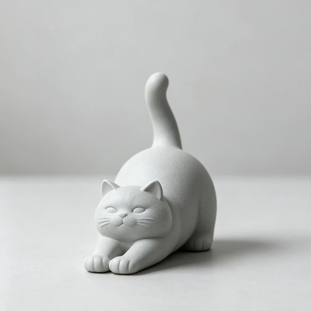 3D Printed Grey Stretching Cat Figurine Minimalist Animal Sculpture For Desk Shelf And Modern Home Decor