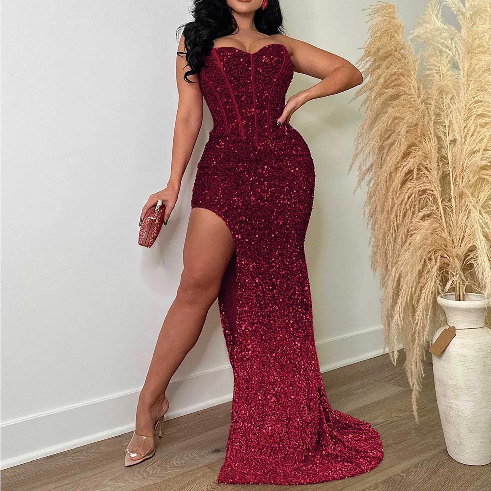 Formal Dress Off The Shoulder Mermaid Evening Dress Red Stretchy Sequin Velvet Slash Neck Floor Length Luxury Women Party Dress