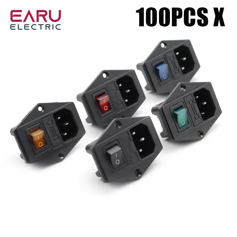 100PCS Black Red yellow 10A AC 250V 3 Terminal Power Socket with Fuse Holder Rocker Switch NEW AC Power Cord Inlet Plug Socket