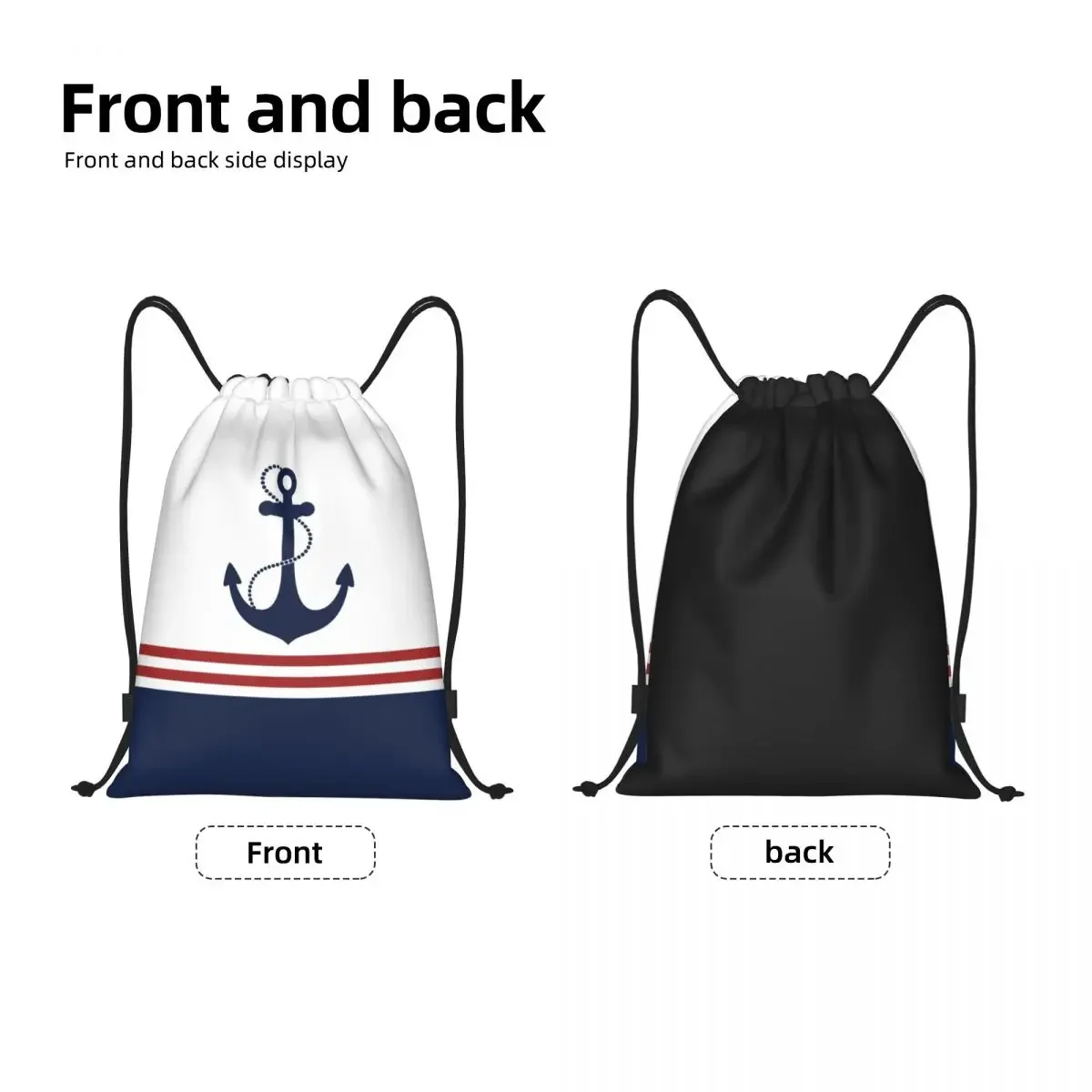 Custom Nautical Navy Blue Anchor With Stripes Drawstring Backpack Sports Gym Bag for Women Men Sailing Sailor Shopping Sackpack