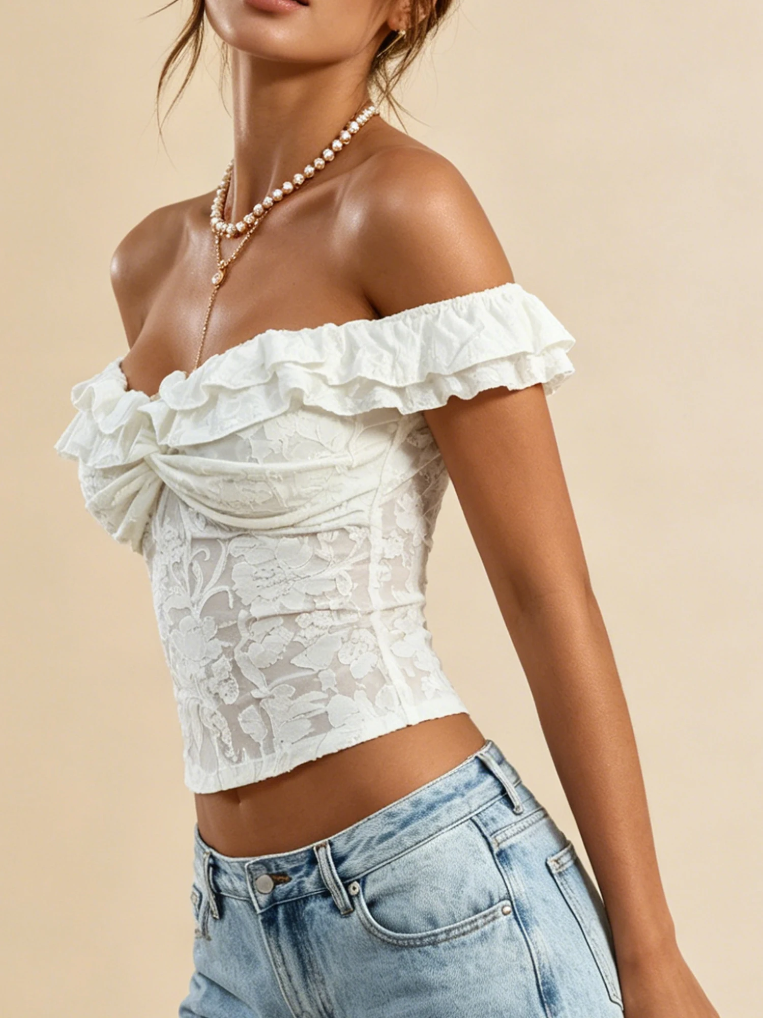 2026 Sexy Womens Floral Lace Off Shoulder Tops Summer Fashionable Backless Sleeveless Ruffled Hem Shirt with Twisted Bust Detail