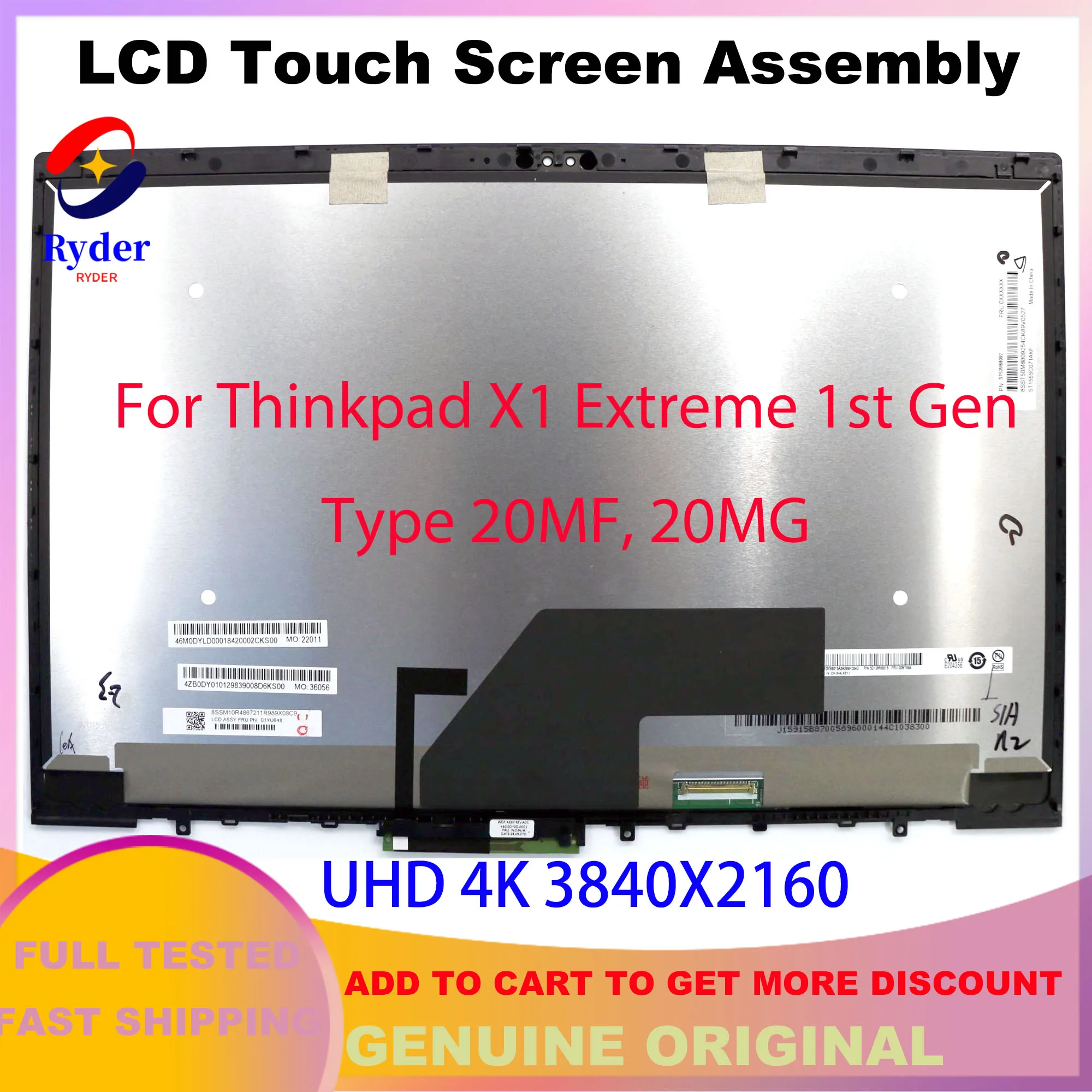 15.6นิ้ว LCD Touch Screen Digitizer Assembly 01YU648 UHD 4K สำหรับ Lenovo ThinkPad X1 Extreme 1st Gen 20MF 20MG P1 Gen 1 20MD 20ME