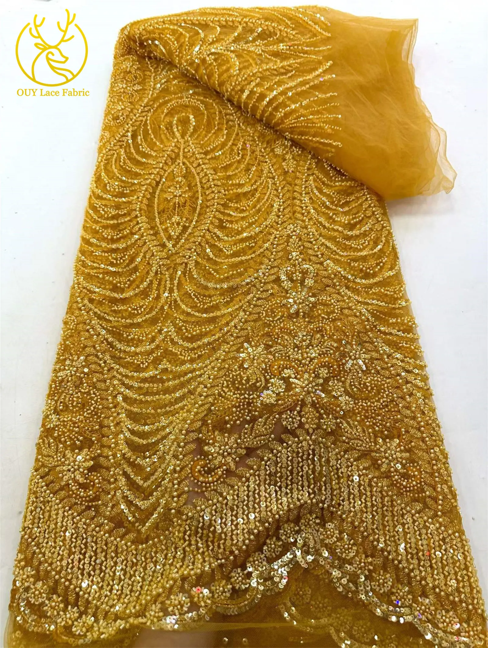 Luxuriöser goldener nigerianischer Mesh-Spitzenstoff mit Perlen und Pailletten, afrikanische französische Brautstickerei, Hochzeitsspitze für Damen, Partykleid, Nähen – Detail 9