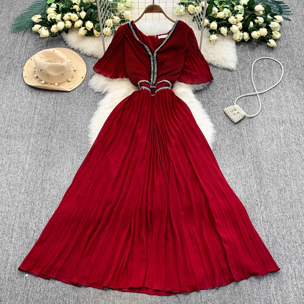 UNI 2025, Sommer Kristall Lose Kurzarm Maxi Plissee Chiffon Kleid Für Frauen Elegante Prom Abend Party Lange Kleider Dame