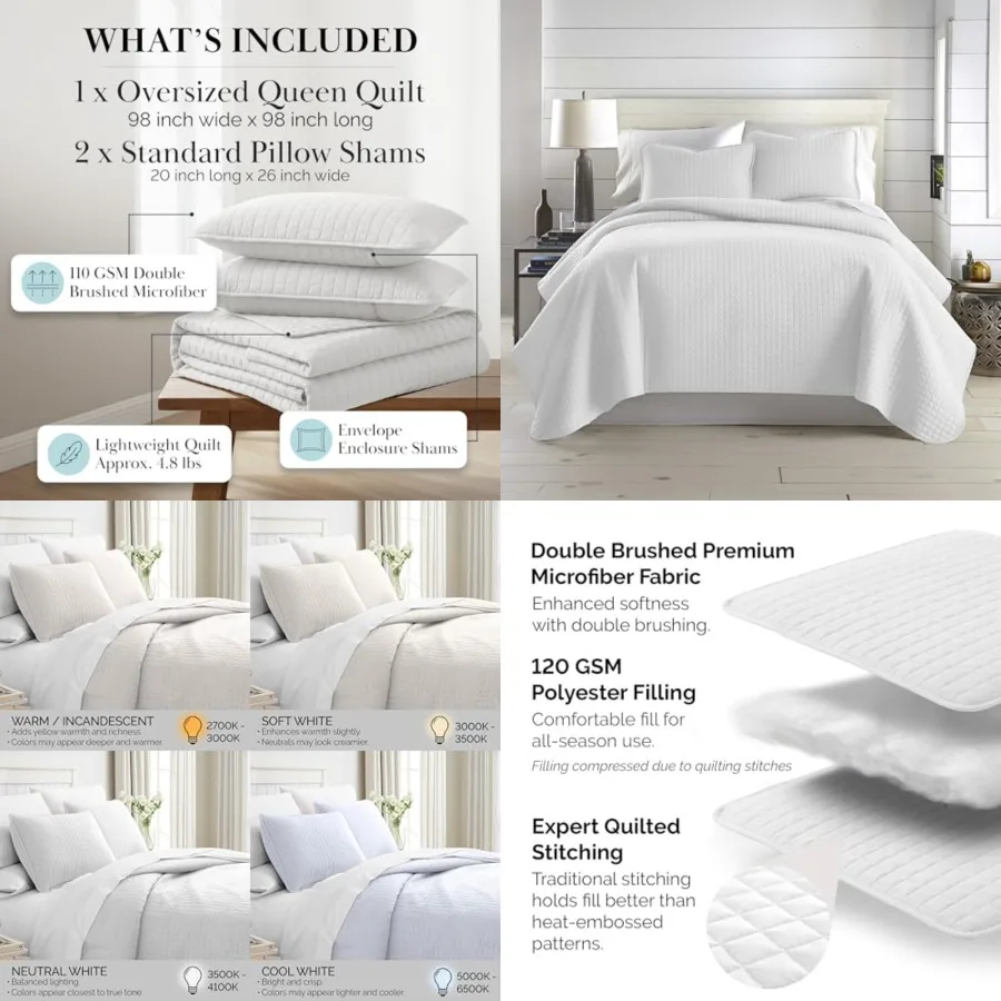 

White Queen Quilt Bedding Set, Dual Fit Luxury Bedding Quilts, Queen Size Bedspread Coverlet, Full Size Quilted Coverlet Bed Spread w/Pillow Shams, White Quilts Full Size