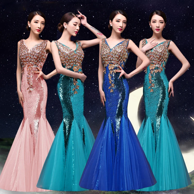 

Sleeveless Sexy Sequins Mermaid Dress Trailing V Neck Slim Long Dress Banquet Dress Print Classic Clothes Skirt Robe De Soiree