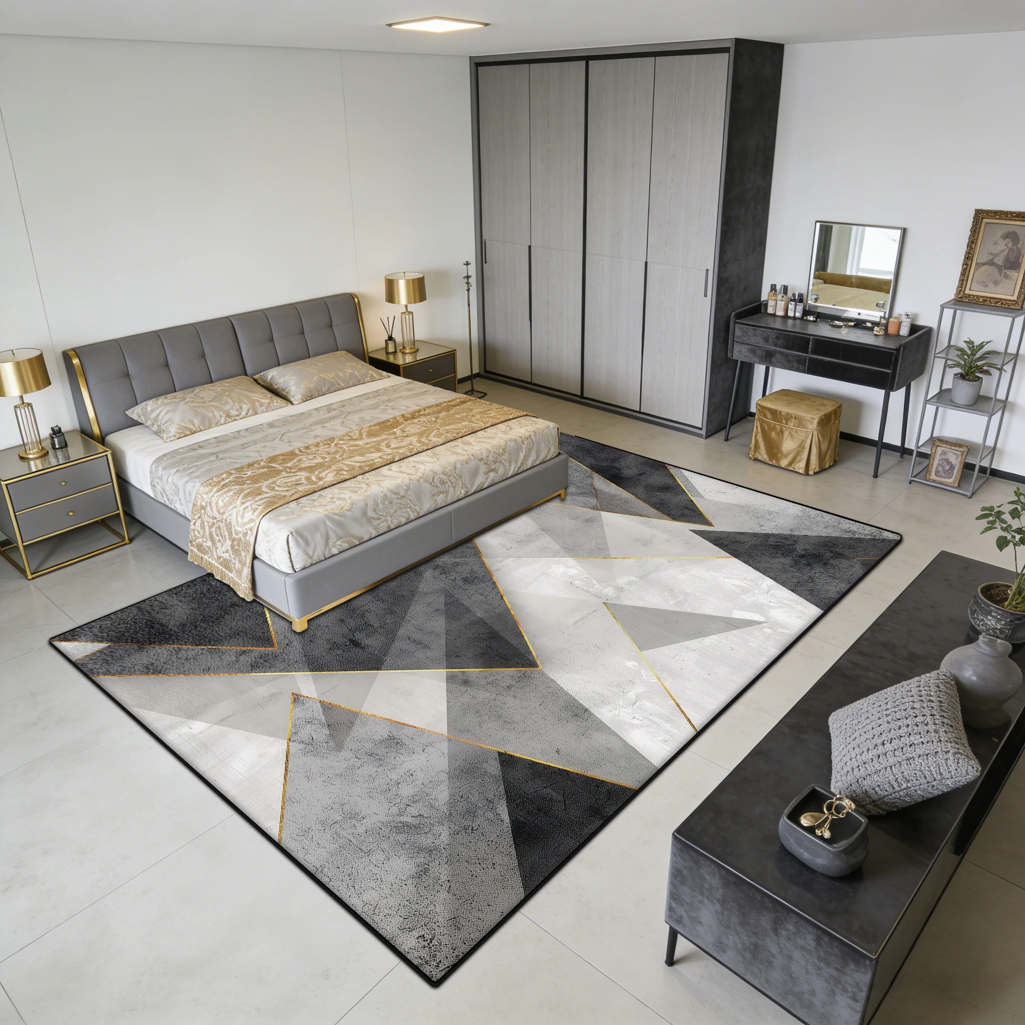 

Минималистичный черно-серый геометрический прикроватный коврик, нескользящий, для декора дома, роскошный, без ворса, легко чистится, большой, для дивана и пола