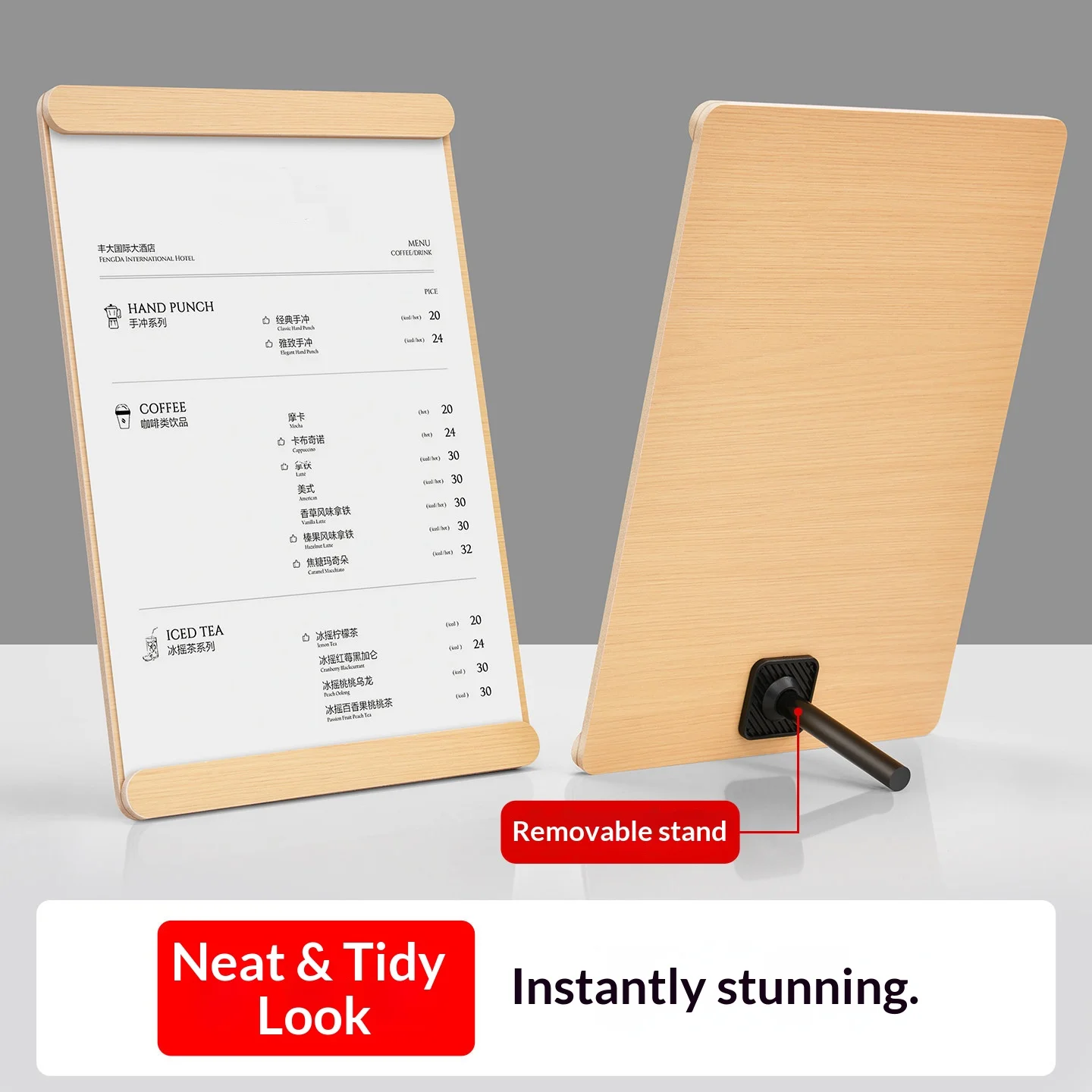 A4 Wooden Menu Display Stand Restaurant Advertising Sign for Coffee Shop and Milk Tea Store Solid Wood Table Card Holder