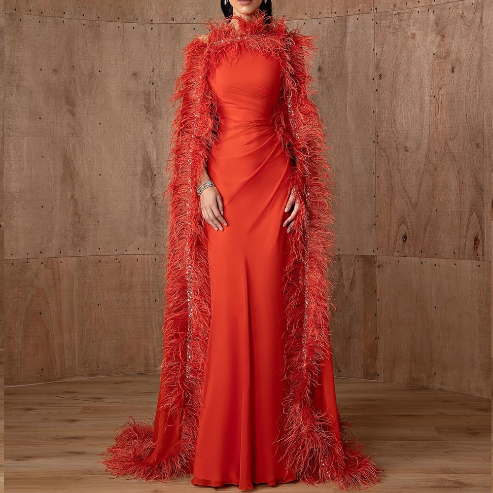 

Temperament Chiffon Straight Feathers Evening Dress Delicate Floor Length Crew neck فساتين سهره نسائيه فخمة Custom Size