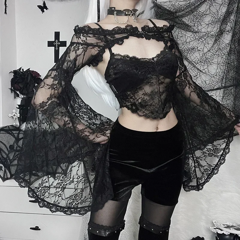 Gothic Sexy Lace Mesh Flared Long Sleeve Smock Y2K Vintage Black See Through Cover-ups T-Shirts Grunge Summer Women Streetwear