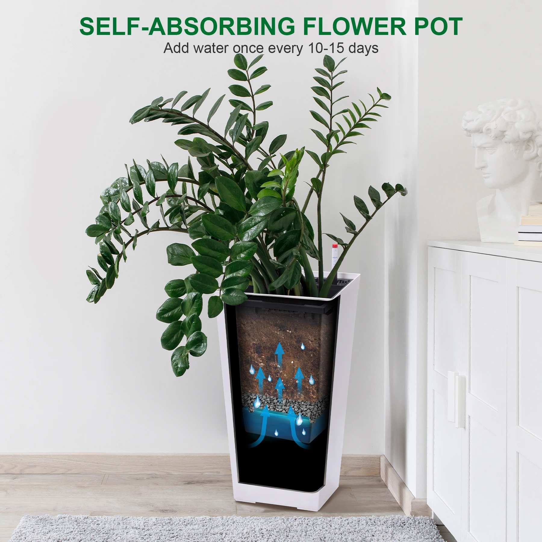 23" Tall Black Planter Pots with Automatic Watering, Drainage Holes, Water Level Monitor & Elegant Tapered Design for Indoor/Out