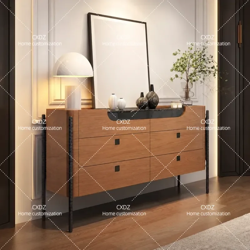 Retro Marble Six Drawer Chest Solid Wood Storage Cabinet for Living Room Villa Porch High End Antique Style Furniture