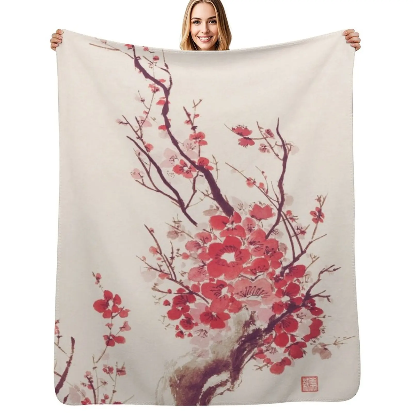 

Beautiful bright sakura blossom branch with red flowers Japanese Zen sumi-e painting art print Throw Blanket