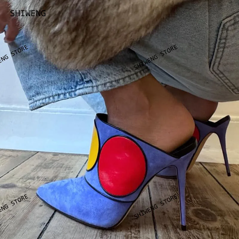 

2026 синие замшевые сабо с острым носком, женские элегантные красочные круглые тапочки с отделкой для шитья, вечерние лаконичные уличные тапочки
