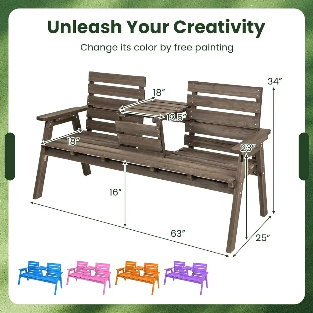 Outdoor Fir Wood Bench with Foldable Middle Table, Person Garden Bench with Backrest and Armrests, Slatted Seat Bench for Porch