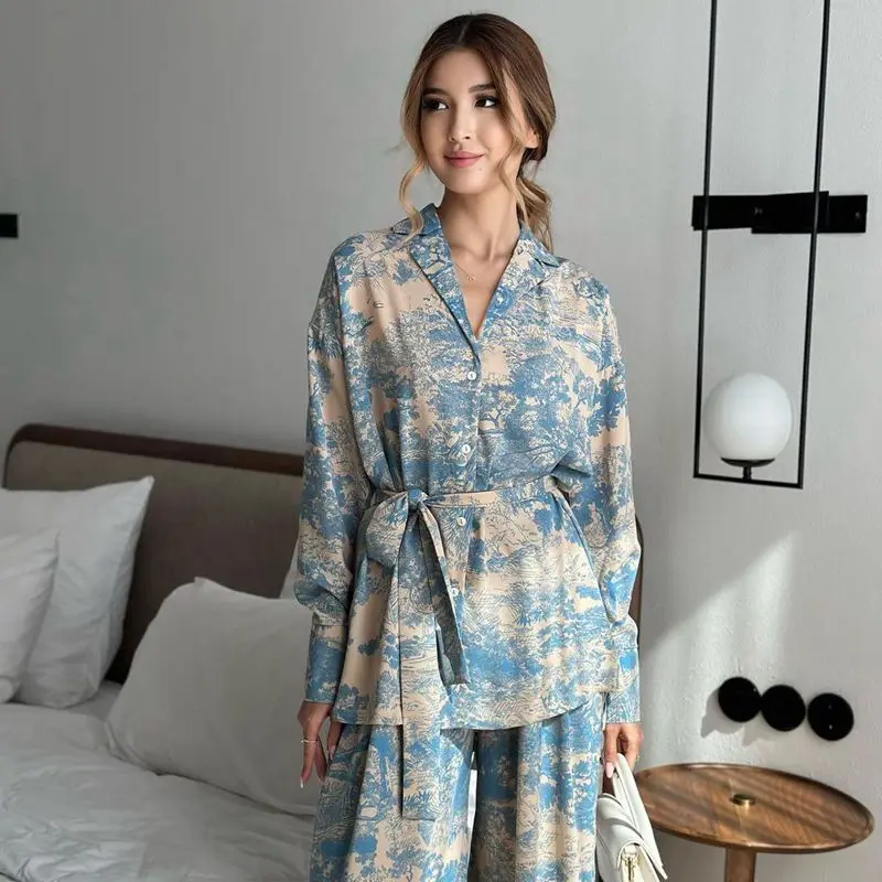 2024 New Fashionable French Graffiti Print Long Sleeve Lace up Shirt High Quality Night Dress Comfortable Pajama Sets For Women