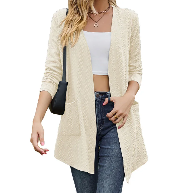 2023 Autumn/Winter New Women's Solid Color Multi Color Loose Elegant Casual Long Sleeve Pocket Cardigan Long Coat Top