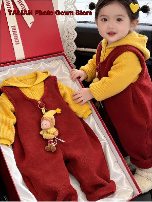 Baby Girls Festive New Year Clothes 2026 Suspender Jumpsuit Elf Hat Kids Set