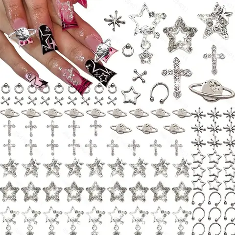 110PCS Star Nail Charms for Acrylic Nails,Silver Star Planet Cross Alloy Nail Art Decoration, Nail Stones Nail Jewels Accessorie