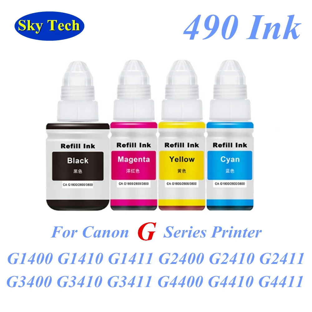 Sky 490 GI-490 Ink ,Premium Refill Ink For Canon G1400 G1410 G1411 G2400 G2410 G2411 G3400 G3410 G3411 G4400 G4410 G4411 Printer