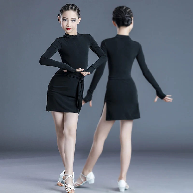 ชุดเต้นลาตินสำหรับเด็กผู้หญิง แขนยาว ลายเสือดาว ชุดเต้นชาช่า รุมบ้า แทงโก้ แซมบ้า ชุดแสดงบนเวทีสำหรับเด็ก