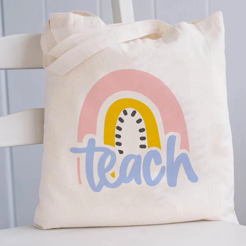 2022 New Fashion Cute Rainbow Print Women Eco Shopper Canvas Totes Shopping Bag Teacher Life Reusable Shoulder Bag Book Bag Gift