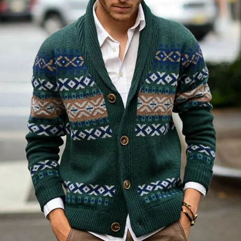 Autumn and Winter Mens Sweater Jackets Knitted Cardigan Lapel Long Sleeve Jacquard Green Sweater Coat