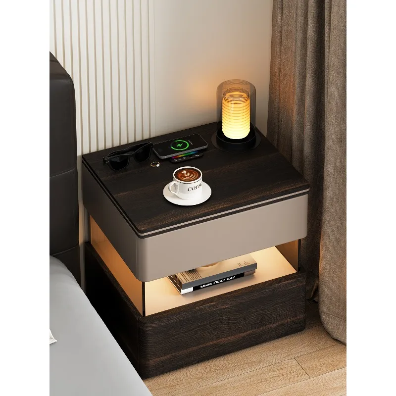 

Italian minimalist bedside table solid wood with wireless charging storage bedside table in bedroom