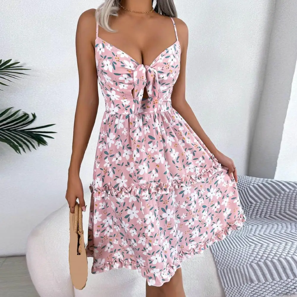 Stylish Beach Dress  Bowknot Decor Sweat Absorbing Summer Dress  Women Floral Leaves Print Sling Dress