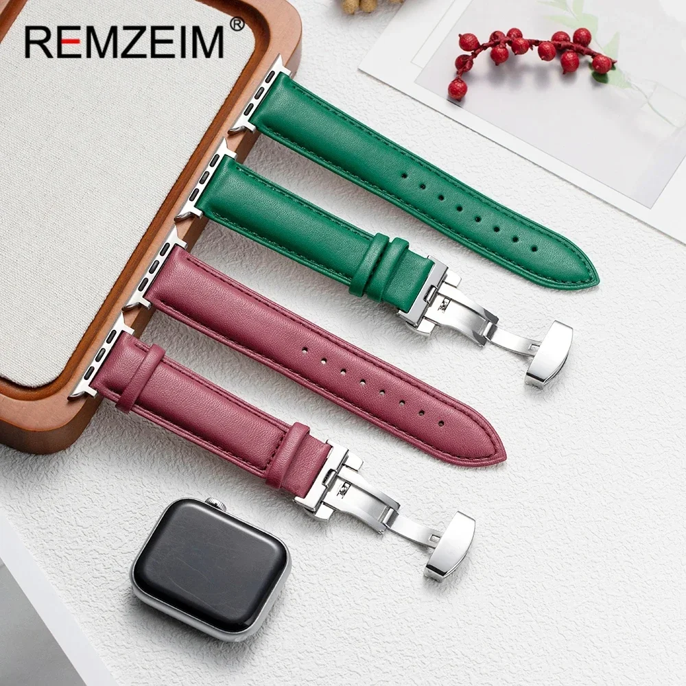 Lederarmband mit Butterfly-Schnalle für Apple Watch Band 38/40/41/42/46/49/44/45 mm Uhrenarmband für Iwatch 1-10 Se Ultra 2
