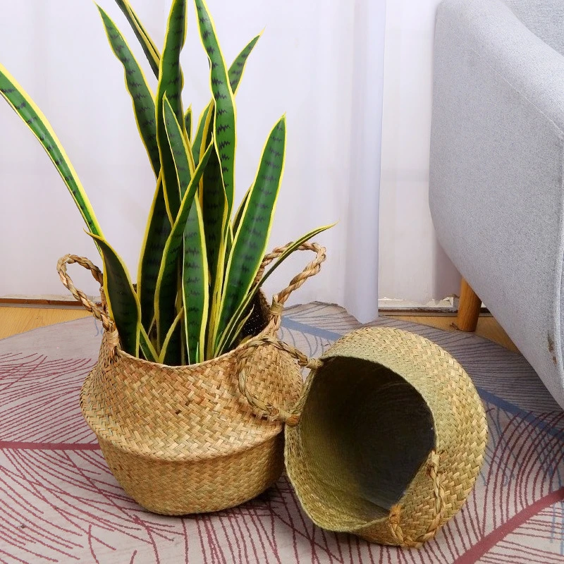 

Straw Rattan Plant Basket Wicker Flower Pot Storage Organizer Boho Foldable Laundry Hamper for Home Room Garden Decoration