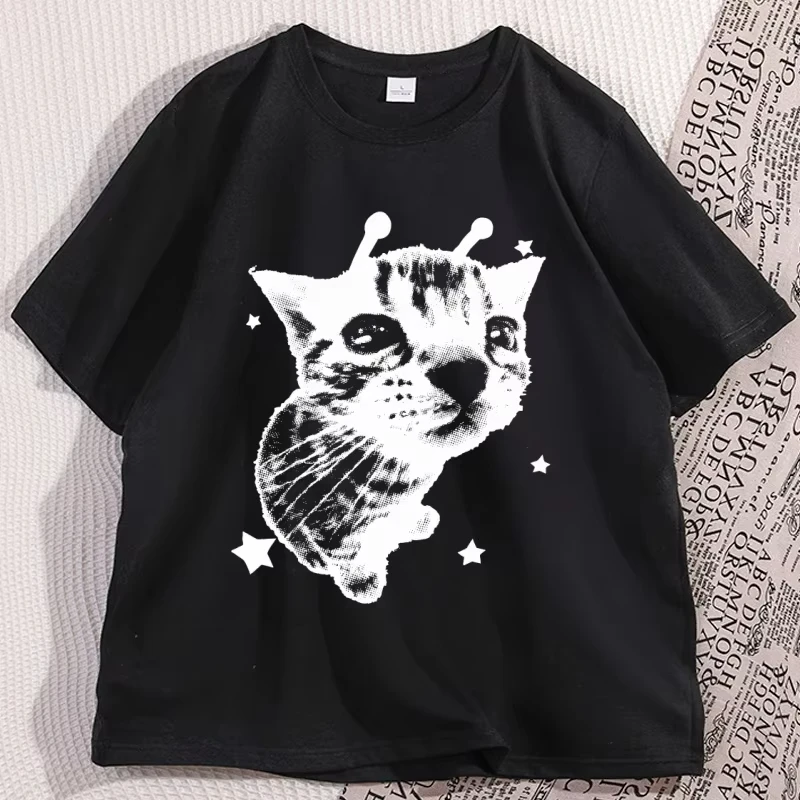 Y2K Alien Cat T-shirts Meme Retro Silly Cat Tshirt Vintage Kitty Funny T-Shirt Men Women Graphic Tees Streetwear Clothes